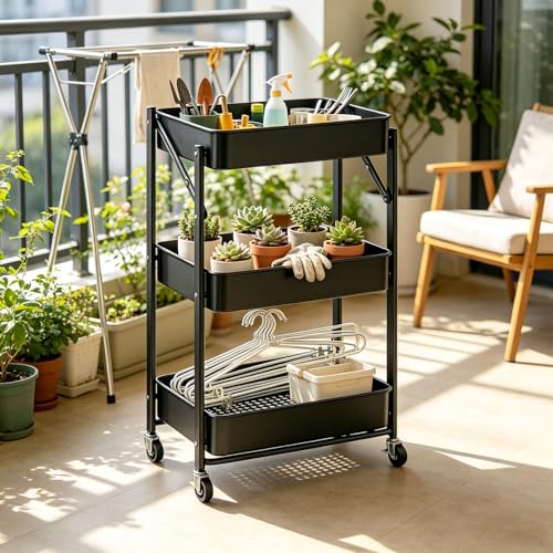 3-Tier Metal Foldable Rolling Cart with Wheels, Heavy Duty No Assembly Required, Space Saving Multi-Purpose Utility Trolley for Kitchen Bathroom Office Dorm Living Room Balcony (Black, Handheld) - color: Black