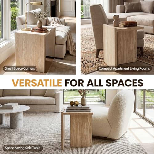 Modern End Table with Faux Travertine Finish Top, Natural Beige Wood Side Table, Space-Saving Sofa Table, Small Accent Nightstand Table for Living Room, Bedroom, Small Apartment Space - color: Beige