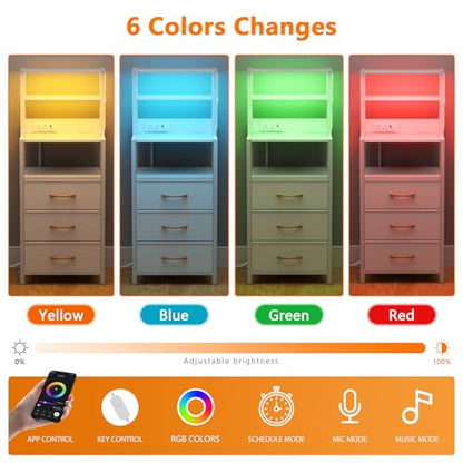 Tall Night Stand, White Bedside Nightstand with Charger Station | 4-Tier Shelves and 3 Fabric Drawers, LED Bed Side Tables with Charging Station, Tall Dresser for Bedroom, Hallway, Office - color: White, size: 3 Drawer