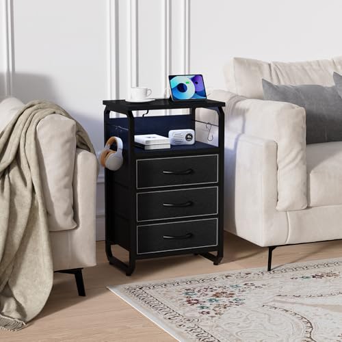 runjuly End Tables Set of 2 with Charging Station, LED Lights, Hooks, Black | 3 Large Fabric Drawers, USB C Ports & Power Outlets, Metal Night Stand Pair, Storage Nightstand for Living Room / Bedroom - color: Black, style: Larger+Taller Set of 2