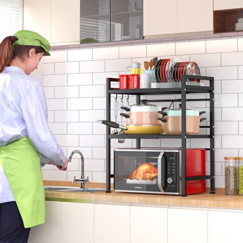 PUSDON 3-Tier Expandable Microwave Oven Rack, Countertop Baker's Rack Style Shelf, Heavy Duty Adjustable Standing Shelf with Hooks, 160lbs Capacity Kitchen Space Saver, Matte Black - color: Matte Black, size: H-frame 3 tier
