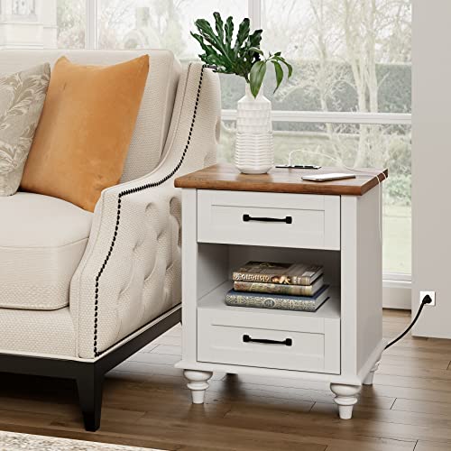 WAMPAT White Side Table with 2 Drawers & Charging Station, Mid Century Nightstand for Bedroom with Power Outlets & USB Ports, Wooden Bedside Table Night Stand with Shelf for Living Room, Antique White - color: Off White