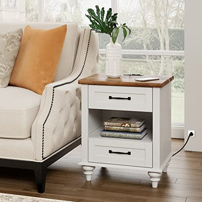 WAMPAT White Side Table with 2 Drawers & Charging Station, Mid Century Nightstand for Bedroom with Power Outlets & USB Ports, Wooden Bedside Table Night Stand with Shelf for Living Room, Antique White - color: Off White