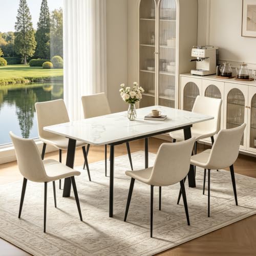 47.2"-63" Extendable Dining Room Table Set for 4-8 People, White | Removable Extension Leaf, Durable MDF Rectangle Tabletop, 6 Beige Sleek Faux Leather Chairs, Heavy Duty Modern Kitchen Table - color: 47.2'' - 63'' White Table+6 Beige Chairs