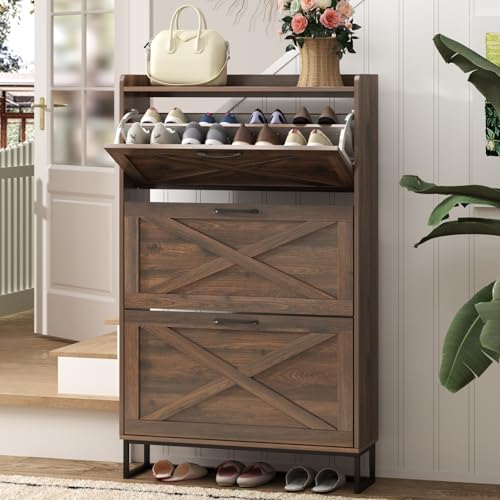 Maupvit Shoe Storage Cabinet with 3 Flip Drawers, Freestanding Organizer with Metal Legs for Entryway, Narrow Shoe Rack Cabinet, Dark Walnut - color: Dark Walnut, style: 3-Drawers