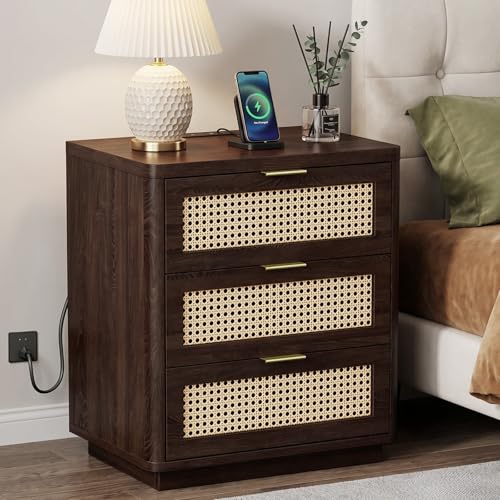 Kalrin Rattan Nightstand, Bedside Table - Larger Night Stand with Charging Station, 3 Drawers Storage, Boho Night Stands End Table for Bedroom Office - Deep Brown - color: Deep Brown
