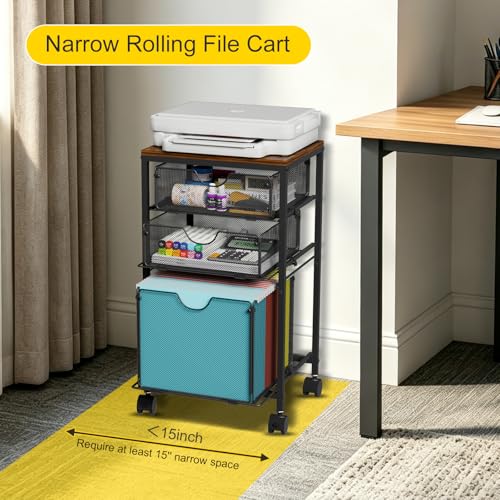 BOHDK Rolling File Cart with 3 Storage Drawers, Wood & Mesh Hanging File Folder Organizer with Wheels Under Desk, File Cabinets for Home Office, 11.81" D x 14.8" W x 25.39" H, Black - color: Rustic Brown & Black