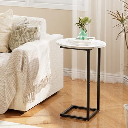 C Shaped End Side Table, Small Oval Couch Sofa Table for Bed, Snack Side Table with Metal Frame, TV Tray Table with White Marble for Small Space, Living Room, Bedroom, Bedside, Black - color: White Marble+black