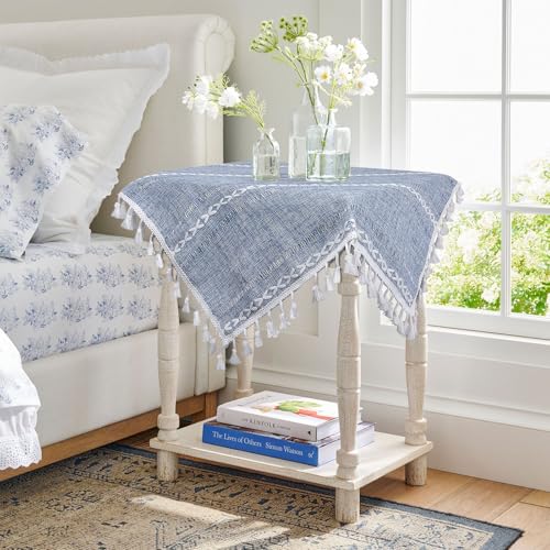 Dusty Blue and White Small Tablecloth 24''x24'', Spring Boho Square Nightstand Cover, Rusitc Farmhouse Coffee Table Cover for End Table, Blue French Country Dresser Scarf Summer Coastal Home Decor - color: Dusty Blue, size: 24" x 24" (Square)