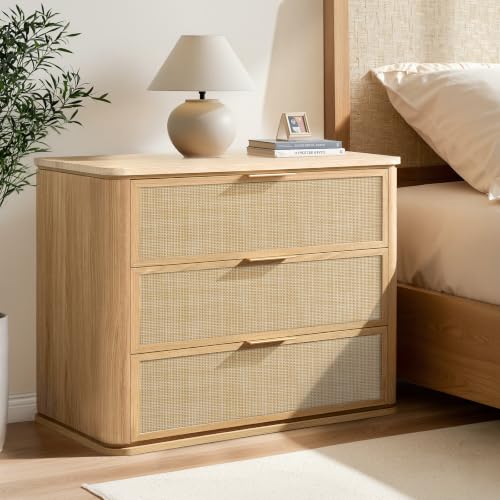 Night Stand, 30.71" W Rattan Nightstand with 3 Drawers, Faux Marble Top Bedside Table, Boho Mid Century End Table for Bedroom Living Room Sofa Office, Natural Oak [FSC Certified] - color: Natural Oak, size: 15.63"D x 30.71"W x 23.94"H（3 Drawer）