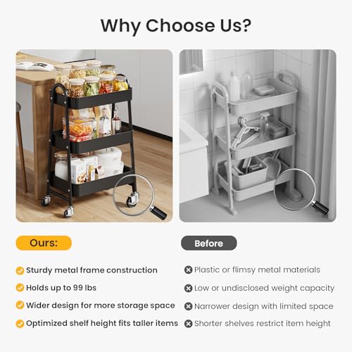 DUMOS 3 Tiers Metal Rolling Utility Cart with Lockable Wheels, Mobile Storage Organizer, Utility Shelving Unit for Kitchen, Office, Bathroom, Laundry, Narrow Places, Black - color: 3 Tiers Black