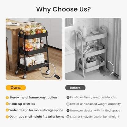 DUMOS 3 Tiers Metal Rolling Utility Cart with Lockable Wheels, Mobile Storage Organizer, Utility Shelving Unit for Kitchen, Office, Bathroom, Laundry, Narrow Places, Black - color: 3 Tiers Black