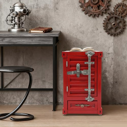 Industrial Shipping Container Cabinet, 3-Tier Nightstand with Drawers, End Tables Bedside Table Container Style Locker Wrought, Retro Style Metal Container Cabinet for Bar, Bedroom, Garage (Red) - color: Red
