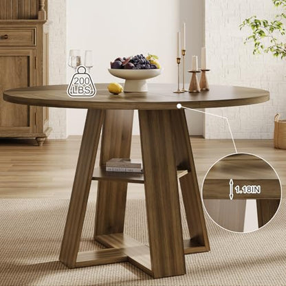 47.2" Round Dining Table for 4-6, Circle Kitchen Table with Open Storage Shelf, Farmhouse Dinner Table with Cross Pedestal Base for Dining Room, Kitchen, Living Room, Walnut - color: Walnut