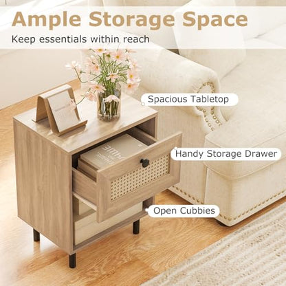 Giantex Rattan Nightstand with Drawer, Mid Century Modern Bed Side Table w/ 4 Metal Legs and Open Storage Shelf, Wood Boho End Table for Small Spaces, Night Stand for Bedroom Office, Natural - color: Natural