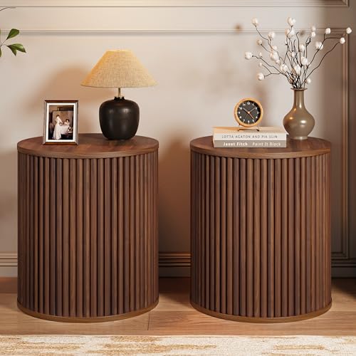 AVZEAR Small Round Side Table Fluted Night Stand Set of 2, Mid Century Modern End Table with Storage, Circle Bedside Tables Wood Nightstands for Small Spaces, Living Room, Bedroom (Walnut) - color: Walnut, size: 15.7"D x 15.7"W x 17.7"H