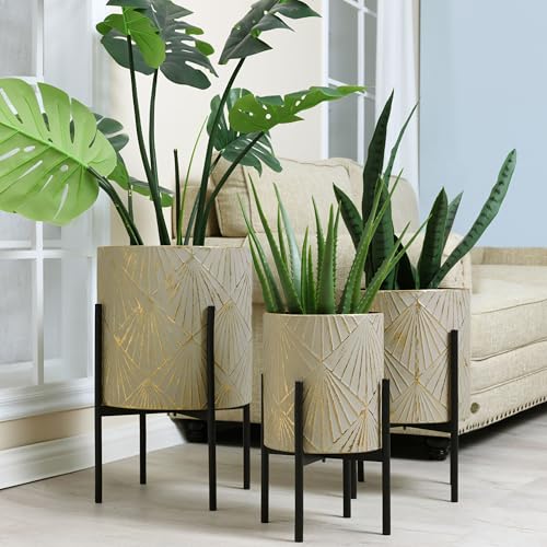 LuxenHome Planters for Indoor Plants, Set of 3 Floor Plants Pots with Stand | Modern Decorative Metal Flower Pots, Green Gray Cachepot Planters,10.5", 12", 14" Inch - color: Green Gray