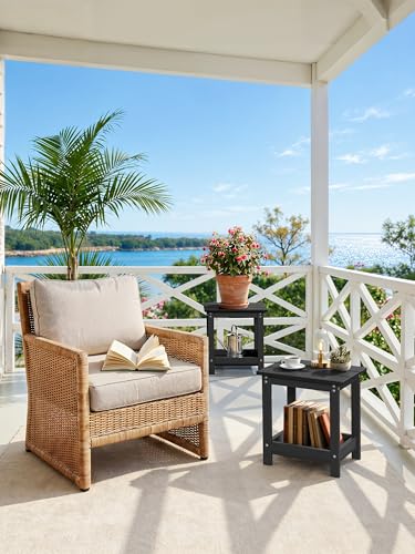 LUE BONA Small Outdoor Side Table, 2-Tier HDPE with Rail, Black | Outdoor End Table with Rail for Patio, Deck, Poolside, Weather Resistant HDPE, Low Maintenance, Easy to Clean - color: Black