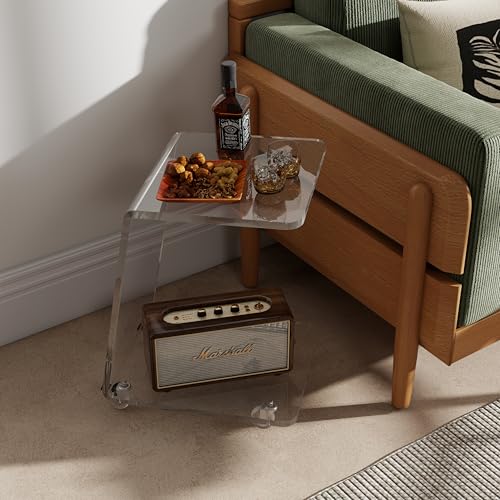 Modern Acrylic Side Tables Set of 2, 15mm Thick Clear Lucite End Tables with Wheels for Living Room & Bedroom, Luxury C-Shaped Rolling Sofa Tables, Heavy Duty Contemporary Furniture - color: 2-pack
