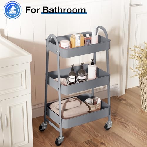 DUMOS 3 Tiers Metal Rolling Utility Cart with Lockable Wheels, Mobile Storage Organizer, Utility Shelving Unit for Kitchen, Office, Bathroom, Laundry, Narrow Places, Gray - color: 3 Tiers Gray