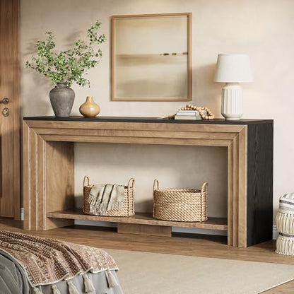 Tribesigns 70.9 Inch Narrow Console Table, Farmhouse 2-Tier Wooden Sofa Table with Storage, Space-Saving Behind Couch Accent Table for Living Room, Entryway, Hallway and Foyer - color: Natural & Black