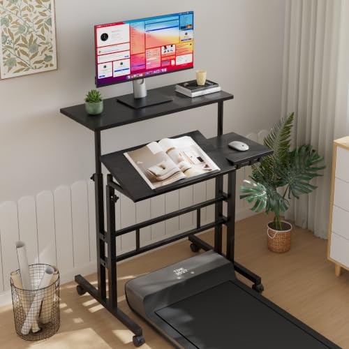 VECELO Mobile Small Standing Desk Adjustable Height, Computer Workstations with Tiltable Tabletop, Lockable Wheels, Portable Rolling Laptop Desk for Home Office, Black - color: Black