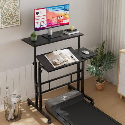 VECELO Mobile Small Standing Desk Adjustable Height, Computer Workstations with Tiltable Tabletop, Lockable Wheels, Portable Rolling Laptop Desk for Home Office, Black - color: Black
