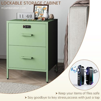 Steehoom Metal Nightstand with Lock, 2 Drawer End Side Table, Lockable Storage Cabinet Kids Cabinet for Living Room, Bedroom, Dorm, 21.26”H X 15.75”W X 15.75”D (2 Drawer, Green) - color: Green, style: 2 Drawer