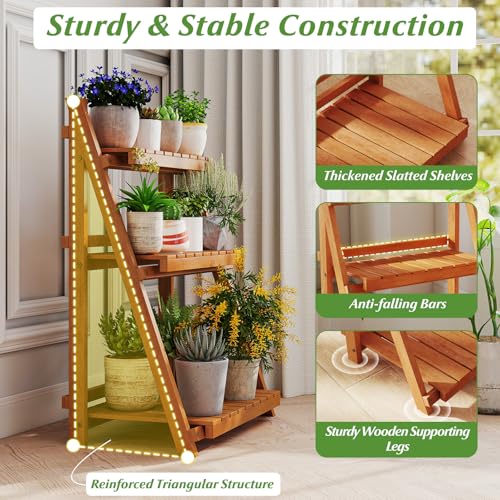 S AFSTAR 3-Tier Folding Plant Stand, Wood Ladder Flower Rack with Anti-falling Bars, Corner Storage Shelves for Book, Decorations, Potted Flower Stand Holder for Living Room, Balcony, Study, No Assembly