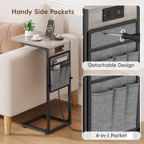 C-Shaped End Tables Set of 2 with Charging Station, 33'' Tall C Table Adjustable Height Side Table, Sofa Table for Couch, Couch Table that Slide Under Sofa, TV Trays for Living Room, Greige - color: 2pc Greige, style: With Plug