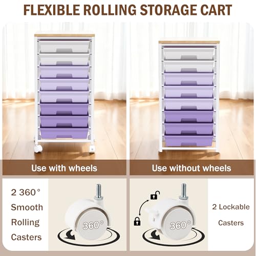 Rolling Cart with 8 Drawers, Storage Drawers Cart with Wooden Tabletop and Lockable Wheels, Craft Storage for Living Room, Office, Classroom, Craft Room, Bedroom (Purple) - color: Purple
