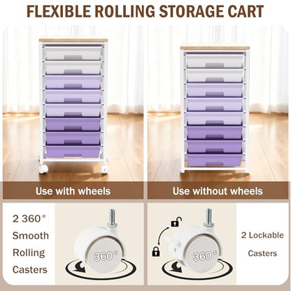 Rolling Cart with 8 Drawers, Storage Drawers Cart with Wooden Tabletop and Lockable Wheels, Craft Storage for Living Room, Office, Classroom, Craft Room, Bedroom (Purple) - color: Purple
