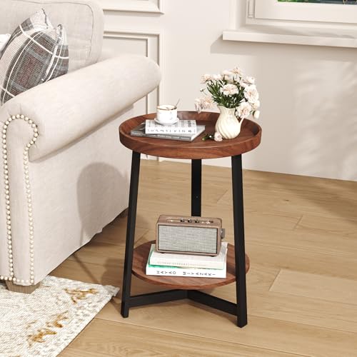 Industrial 2 Tier Round Side Table with Storage Shelf,Accent Tray End Table with Triangular Metal Support, Nightstand Bedside Sofa Table for Living Room, Bedroom, Balcony, Cherry - color: Cherry, style: No Charging Station
