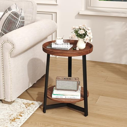Industrial 2 Tier Round Side Table with Storage Shelf,Accent Tray End Table with Triangular Metal Support, Nightstand Bedside Sofa Table for Living Room, Bedroom, Balcony, Cherry - color: Cherry, style: No Charging Station