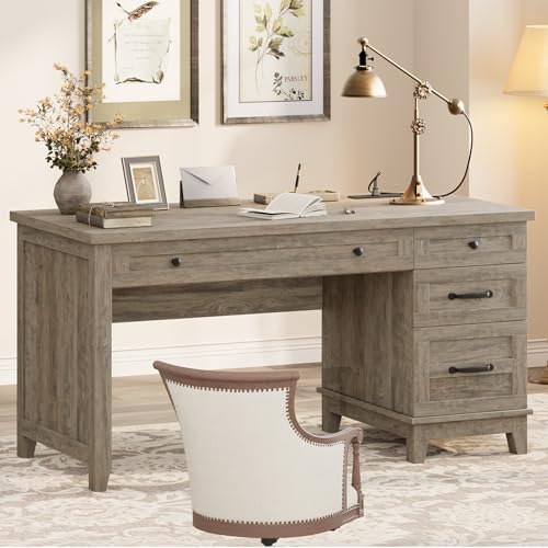 Garvee 53.5" Wooden Home Office Desk with File Drawers, Executive Desk with Power Outlet, Farmhouse Wood Desk with Storage, Distressed Study and Work Table, Rustic Grey - color: Rustic Grey, size: 53.5" W