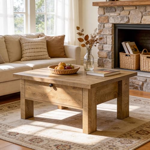 Tribesigns 31.5" Coffee Table, Farmhouse Coffee Table with Storage Drawer, Square Center Table for Living Room & Small Spaces, Brown