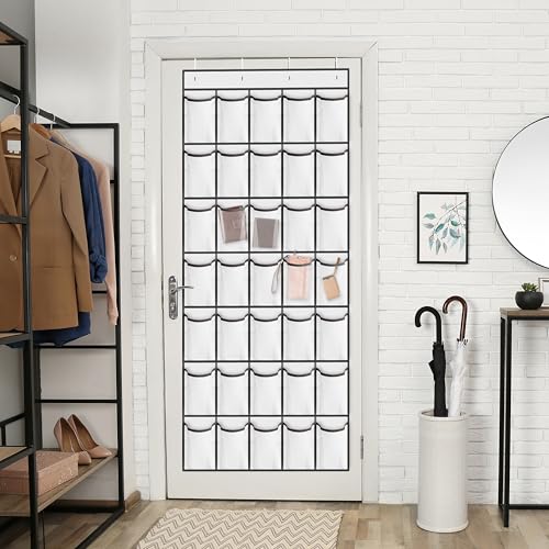 WVM Over the Door Shoe Organizer with 35 Breathable Mesh Pockets, Hanging Shoe Organizer for Door with 4 Metal Hooks, Large Capacity Closet Storage for Shoes, Accessories, White - style: White