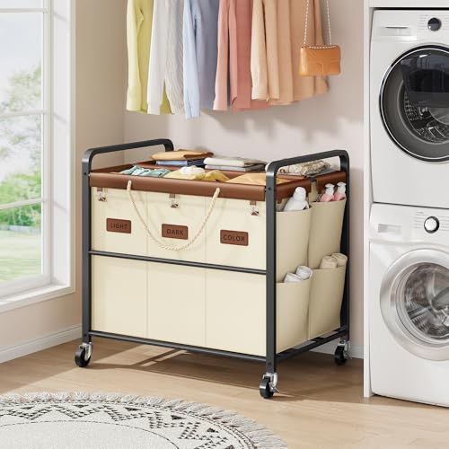 350L Extra Large Laundry Cart, Laundry Hamper 6 Section, Beige | Large Capacity, Heavy Duty Lockable Wheels, Sturdy Metal Frame, Leather Patchwork, Removable Bags - color: Beige, size: 6 Bag 350L
