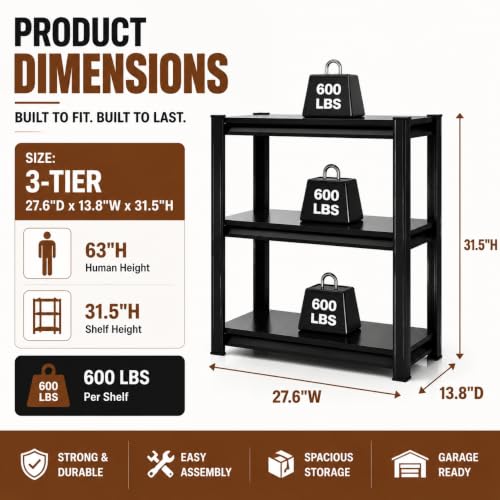 3 Tier Metal Bookshelf, Adjustable Tall Bookcase, Heavy Duty 1800 LBS Modern Deep Book Shelf, Bolt-Free Storage Shelves for Living Room, Home Office, Garage, 27.6" Wx 13.8" Dx 31.5" H - size: 3 Tier-27.6"Wx 13.8"Dx 31.5"H