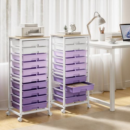 SYKIARIOL Rolling Cart with Drawers,10 Drawer Rolling Cart,Storage Cart with Wheels,Utility Cart with Drawers,Teacher Cart for Classroom Storage,Craft Cart with Wheels and Wooden Tabletop,Purple - color: purple