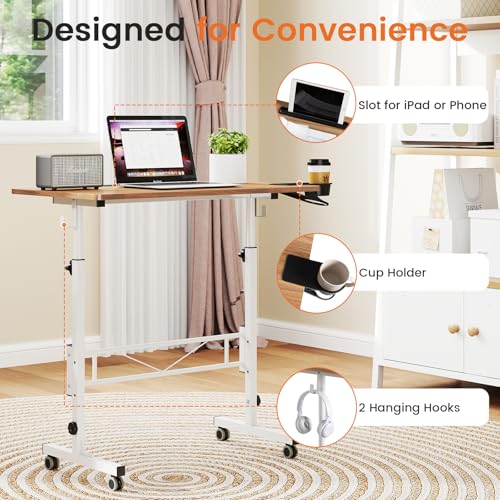 Hadulcet Portable Standing Desk, Rolling Desk Adjustable Height, Mobile Laptop Desk, Small Stand Up Table with Wheels, Walking Table for Treadmill Walking Pad, Tall Computer Stand, Oak - color: Oak