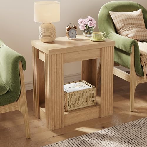 Maupvit Narrow Wood End Table for Living Room, 2-Tier Small Slim Side Table with Storage Shelf, Modern Fluted Nightstand for Bedside, Small Spaces, Living Room, Bedroom, Oak, Set of 2 - color: Oak