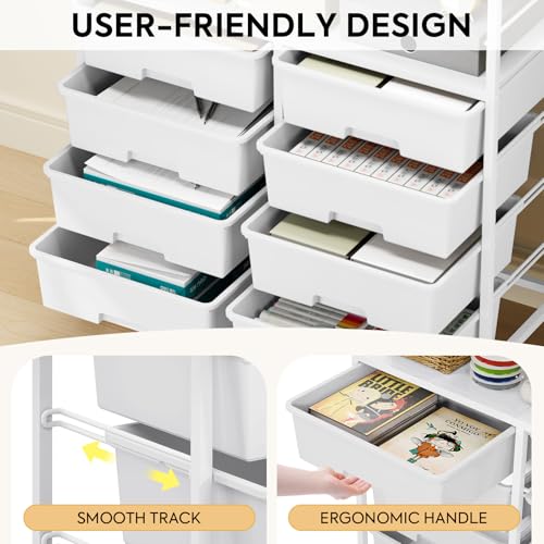 Rolling cart with 8 drawers,Storage drawer cart with wooden tabletop,Lockable wheels organizer for homeschool, arts & crafts, classroom, office & creative spaces (White) - color: White