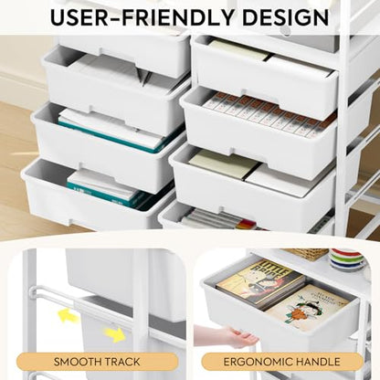 Rolling cart with 8 drawers,Storage drawer cart with wooden tabletop,Lockable wheels organizer for homeschool, arts & crafts, classroom, office & creative spaces (White) - color: White