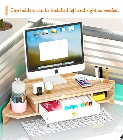 Triangle Monitor Stand Riser,Cut Triangle Save Space Desktop Corner,Desktop corner shelf with drawers wooden computer stand with storage laptop risers office organization. (Have drawers)