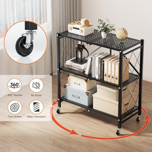 Simple Deluxe 3-Tier Folding Storage Shelves, 27.95" W x 14.96" D x 34.25" H Foldable Shelving Unit, 750 Lbs Loading Capacity, Black - size: 3-Tier, 28"W x 15"D x 34"H