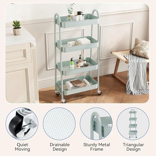 NEWBULIG 4-Tier Metal Rolling Cart with Lockable Wheels, Heavy Duty Mobile Utility Storage Shelf, Roller Book Snack Cart, Green - color: Green, size: 4 Shelves
