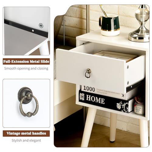 Bonnlo White Nightstand Set of 2, Modern Bedside Table with Drawer Open Shelf, End Table with Solid Wood Legs for Bedroom, - color: White, size: 1 Drawer 1 Shelf