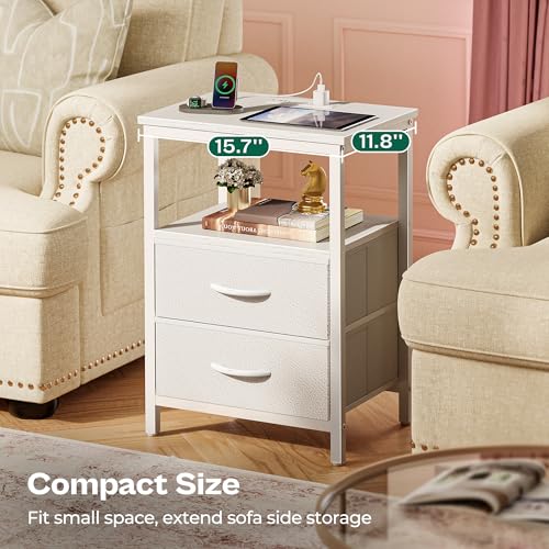 Huuger Night Stand with Charger Station and LED Lights, 2 Drawer Nightstand, Bed Side Table with Open Shelf, End Table, Fabric Dresser for Bedroom, PU Leather, White - color: White, size: 11.8"D x 15.7"W x 23.6"H（2 Drawers）