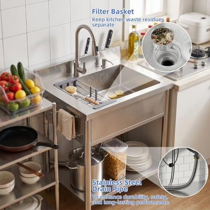 Stainless Steel Utility Sink, 29.5" Single Bowl Freestanding Laundry Sink with 360° Hot & Cold Water Faucet, Hoses & Drain Kit, Outdoor/Indoor Commercial Sink for Kitchens, Garage, Laundry Room - size: 29.54" x 19.7" x 35.2"